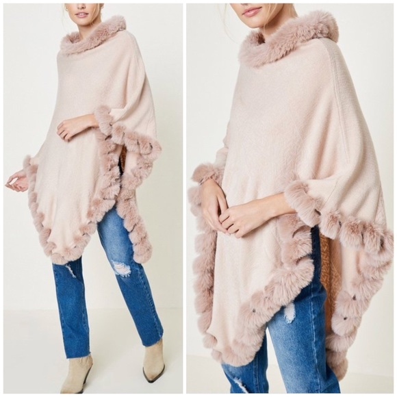 Sweaters - Pink Faux Fur Embossed Knit Sweater Poncho